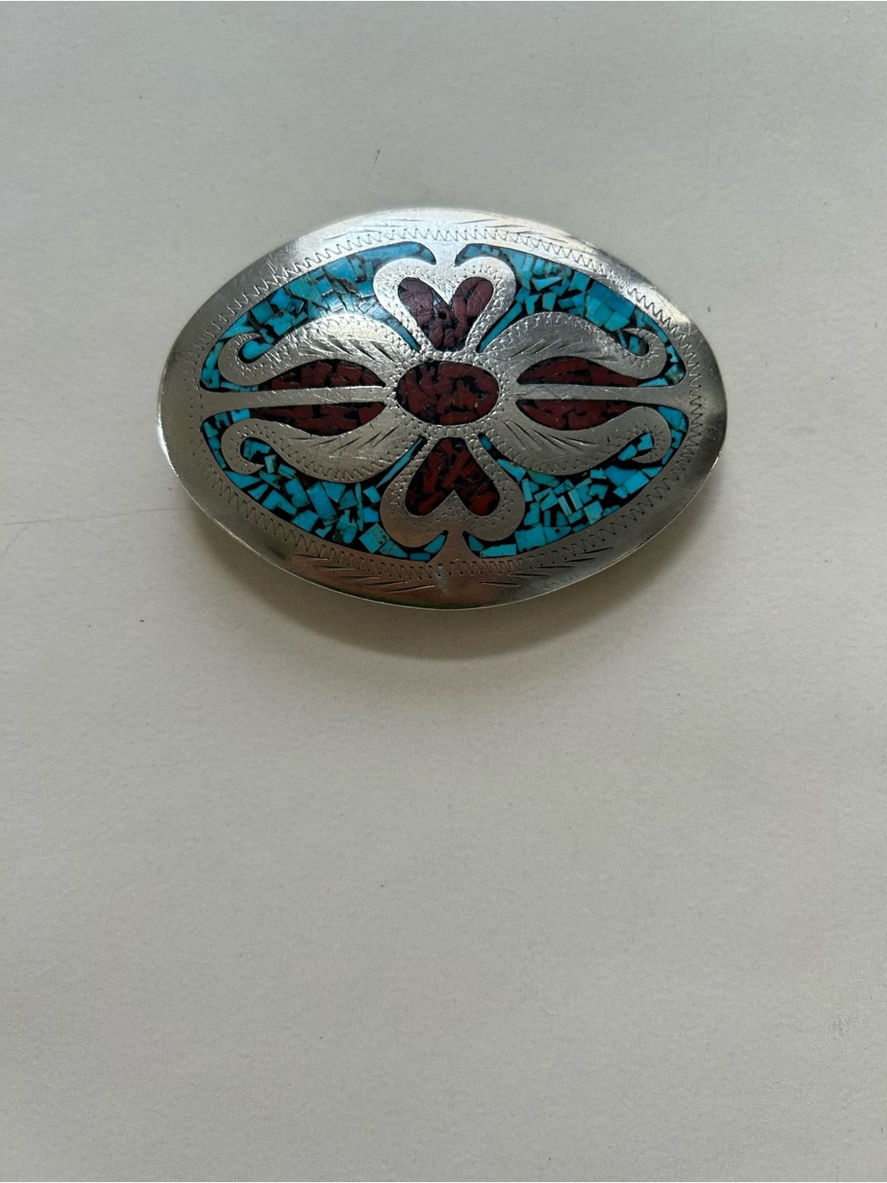 Turquoise and Red Inlay Oval Belt Buckle vintage